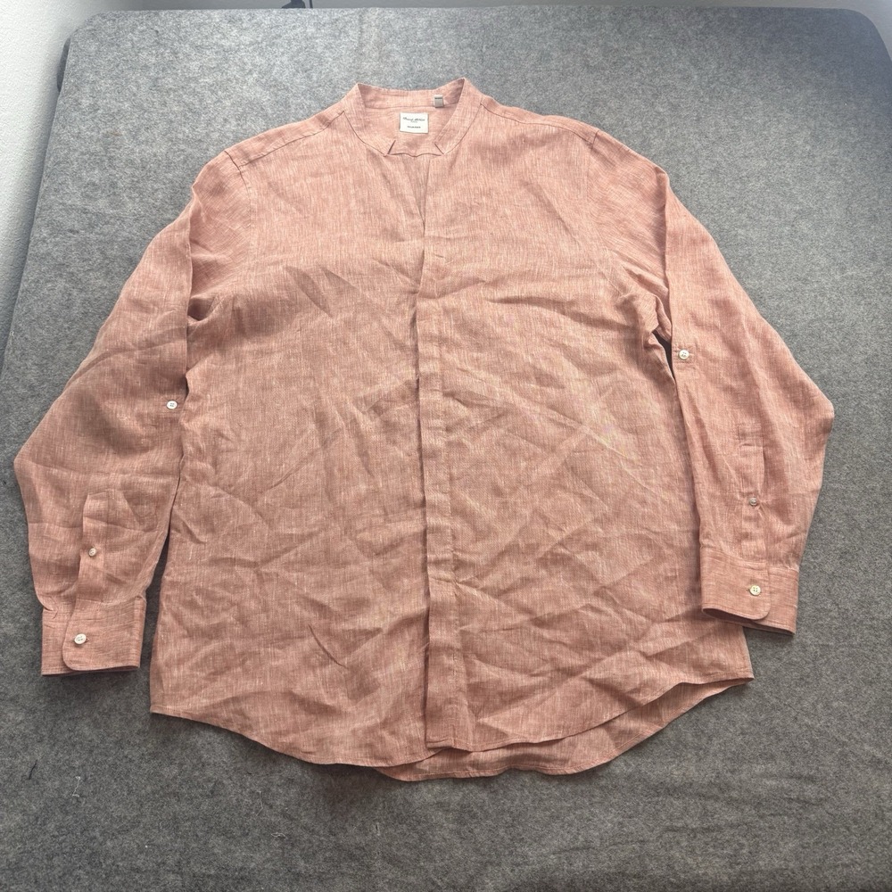 Baird McNutt Murano Shirt Mens XLT Salmon Pink 100% Linen Band Collar Button Up